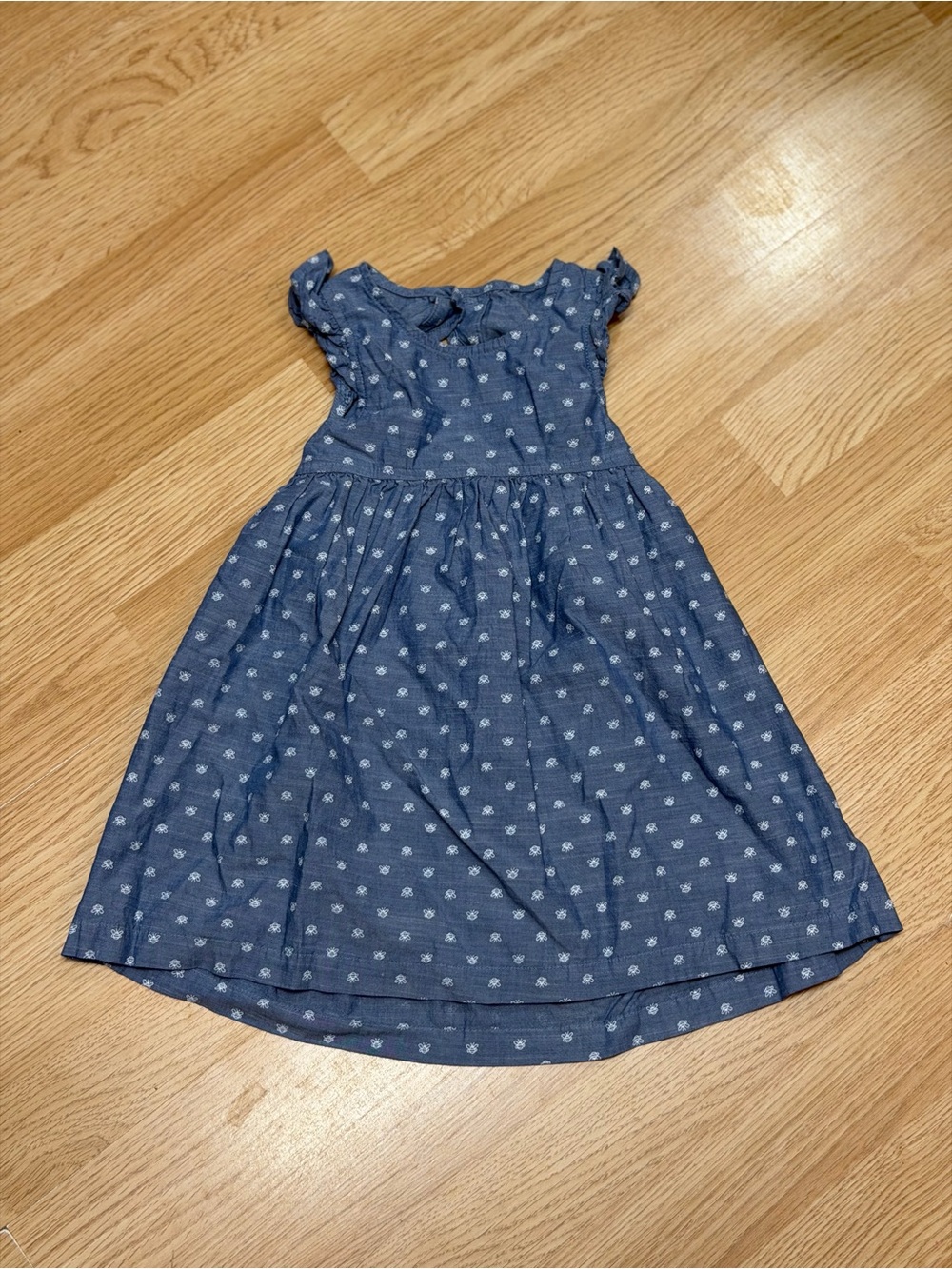 Cherokee Girls 2T Blue Chambray Bee Print Ruffle Sleeve Open Back Summer Dress